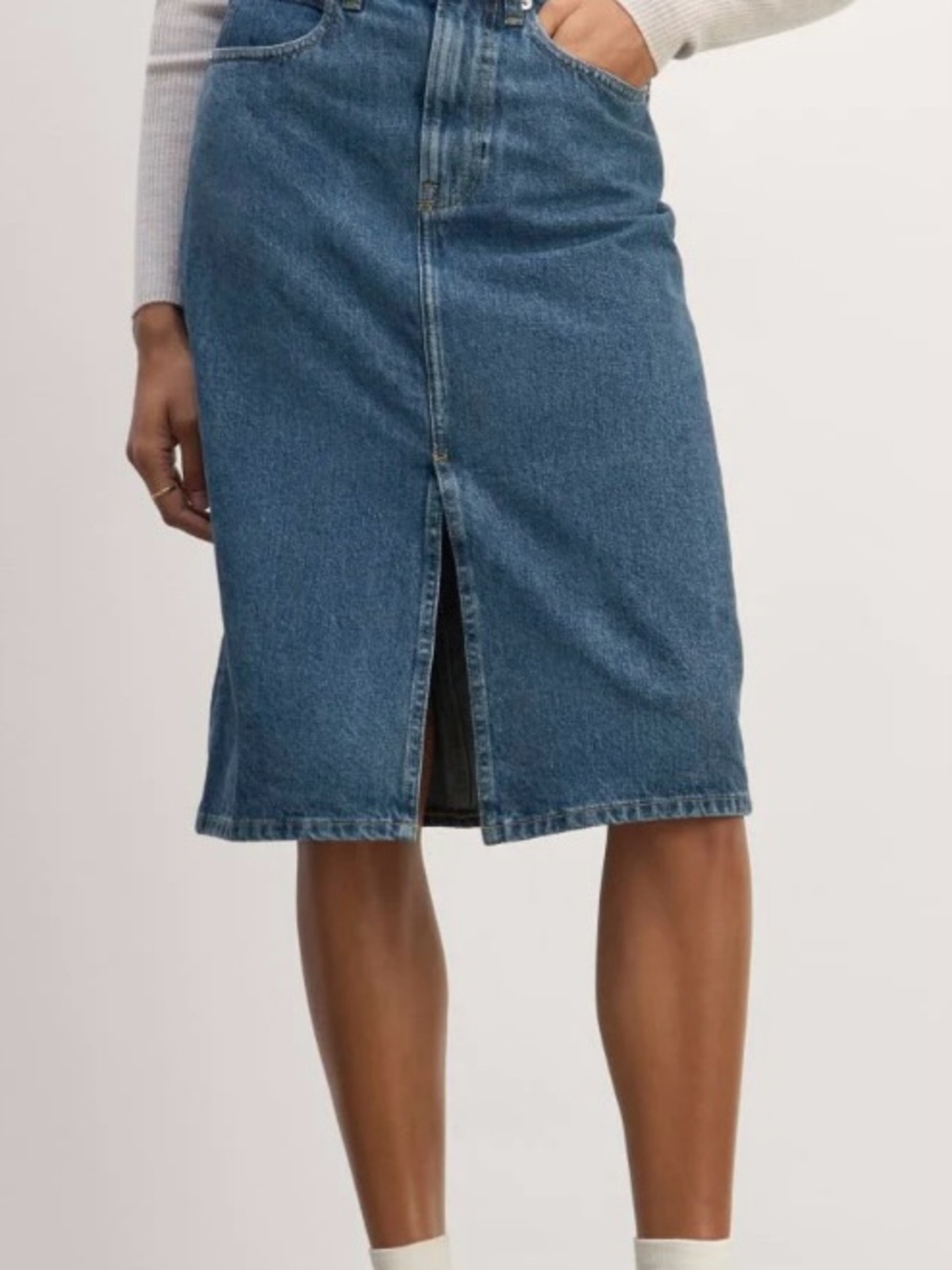 Everlane Classic Denim Midi Skirt with Front Slit - Blue